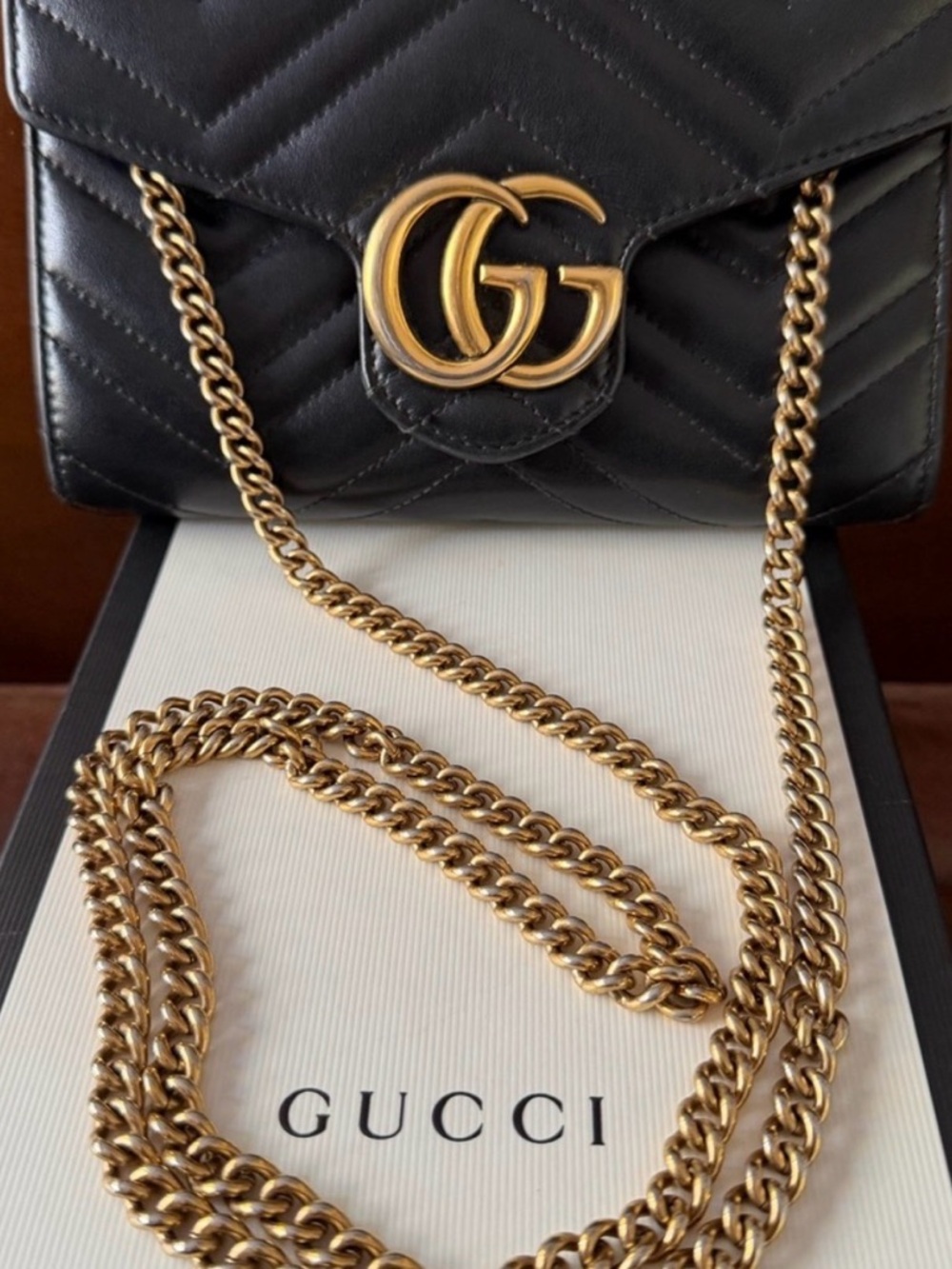 Gucci Black Quilted Leather Crossbody with Gold GG Chain